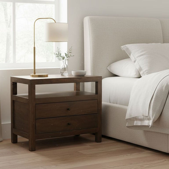 Dark brown wooden nightstand with two drawers in a three-quarter view