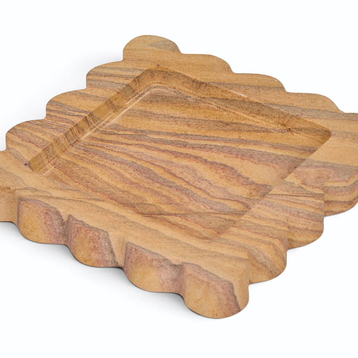 Sandstone wooden serving tray with scalloped edges and striped wood grain