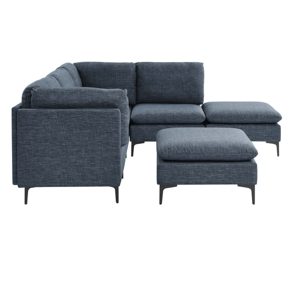 Blue modular sectional sofa with tall legs and ottoman, corner configuration with arms