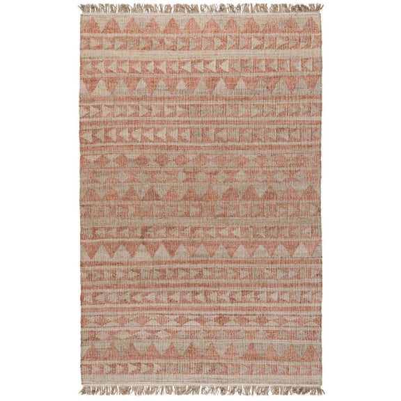 Distressed terracotta geometric rug with repeating triangle motifs and frayed fringe edges.