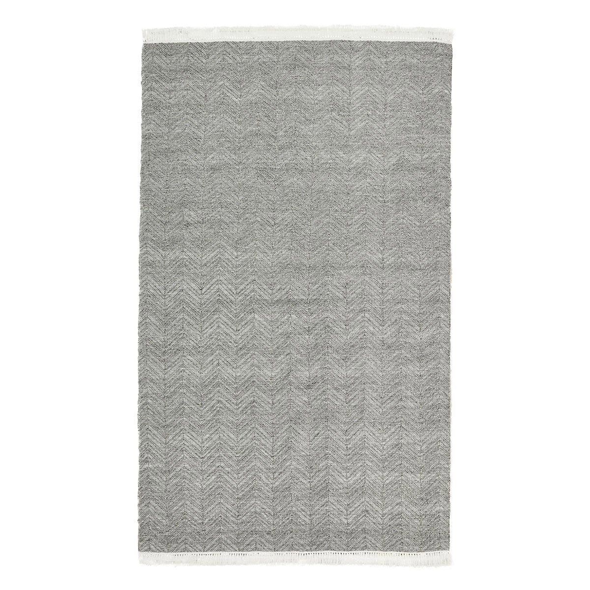 Augusta indoor/outdoor rug in light gray with chevron pattern texture and fringed ends