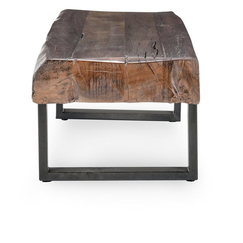 Reclaimed wood bench front view with dark brown top and black metal base