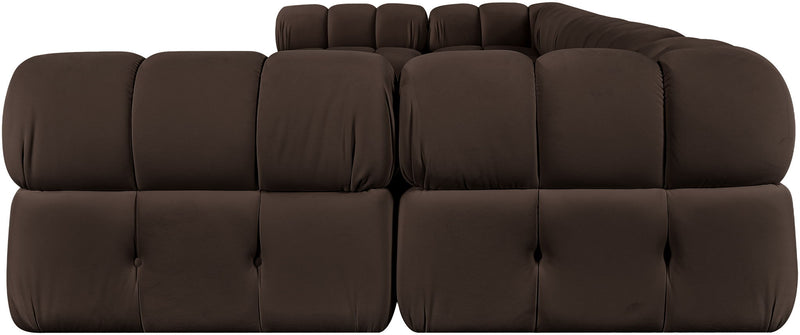 Dark brown modular U-shaped sectional sofa with tufted cushions and cushioned chaise blocks