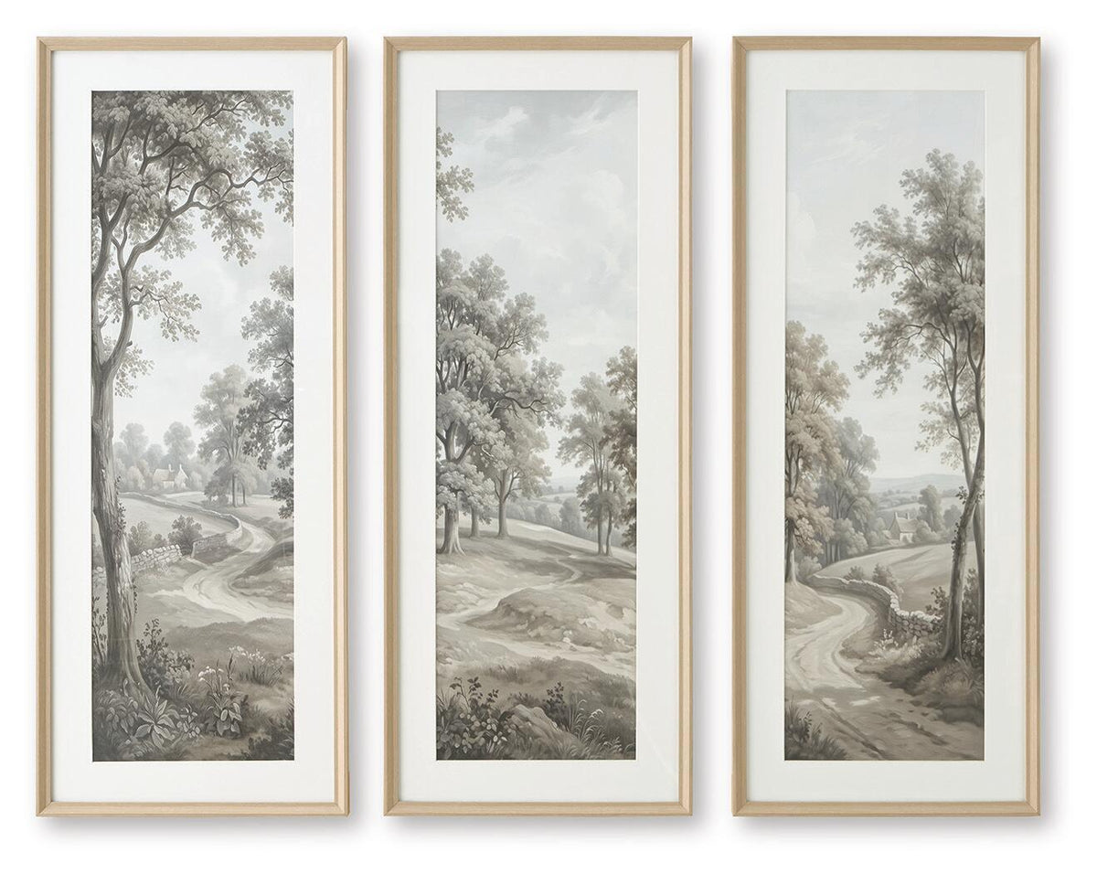 Set of 3 framed landscape prints with gray trees and winding paths