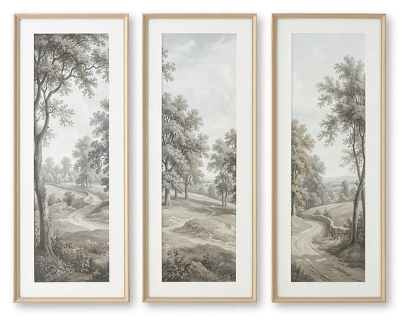 Set of 3 framed landscape prints with gray trees and winding paths