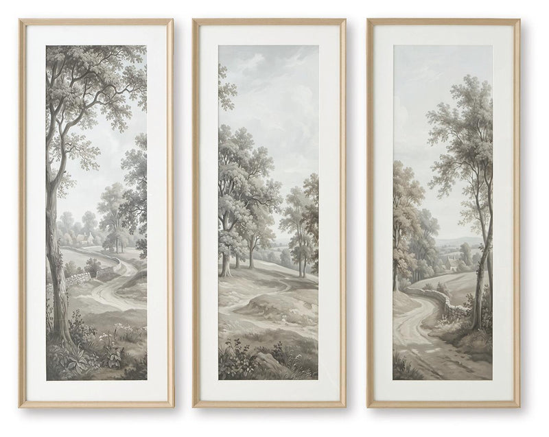Set of 3 framed landscape prints with gray trees and winding paths