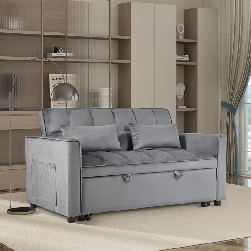 Gray convertible sofa bed with tufted back cushions and pull-out mattress, reclining style