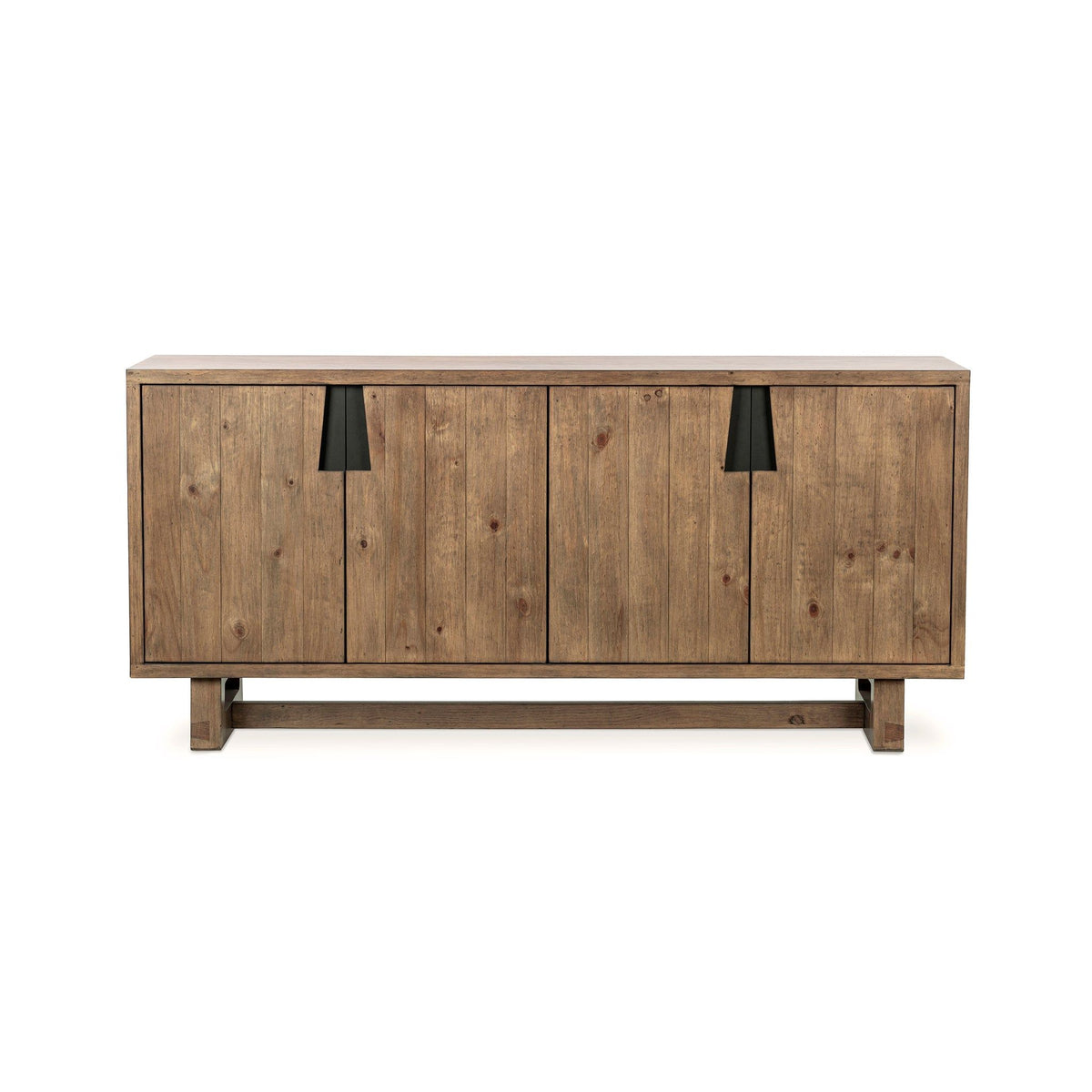 Smoke brown 4-door buffet with black handle cutouts and sturdy base legs