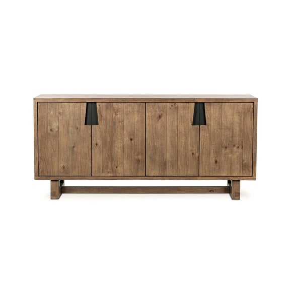 Smoke brown 4-door buffet with black handle cutouts and sturdy base legs