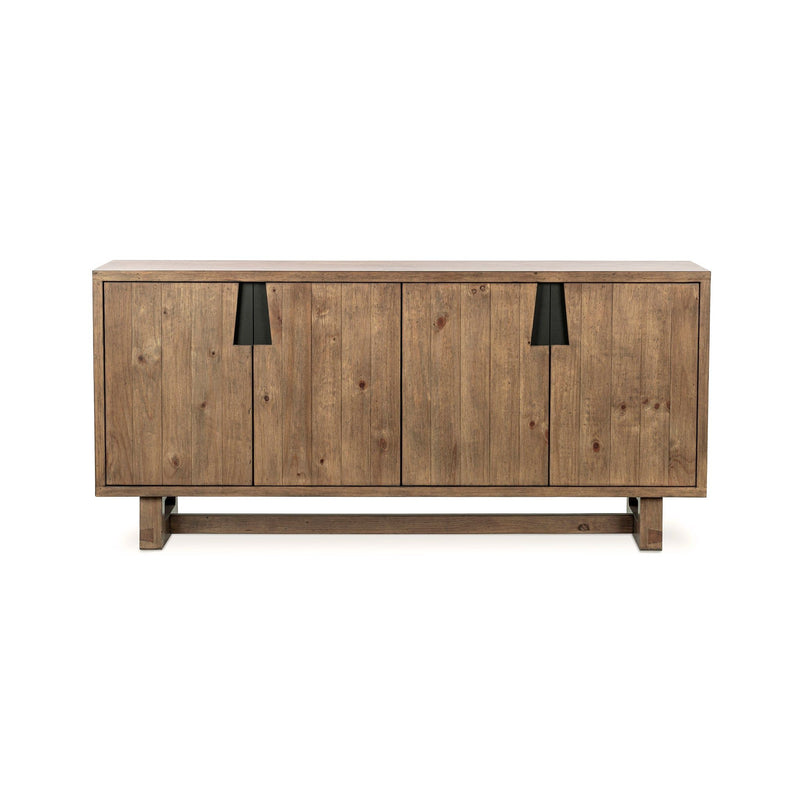 Smoke brown 4-door buffet with black handle cutouts and sturdy base legs