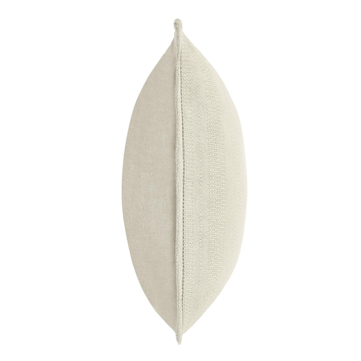 Natural textured throw pillow side view with centered seam and piped edge