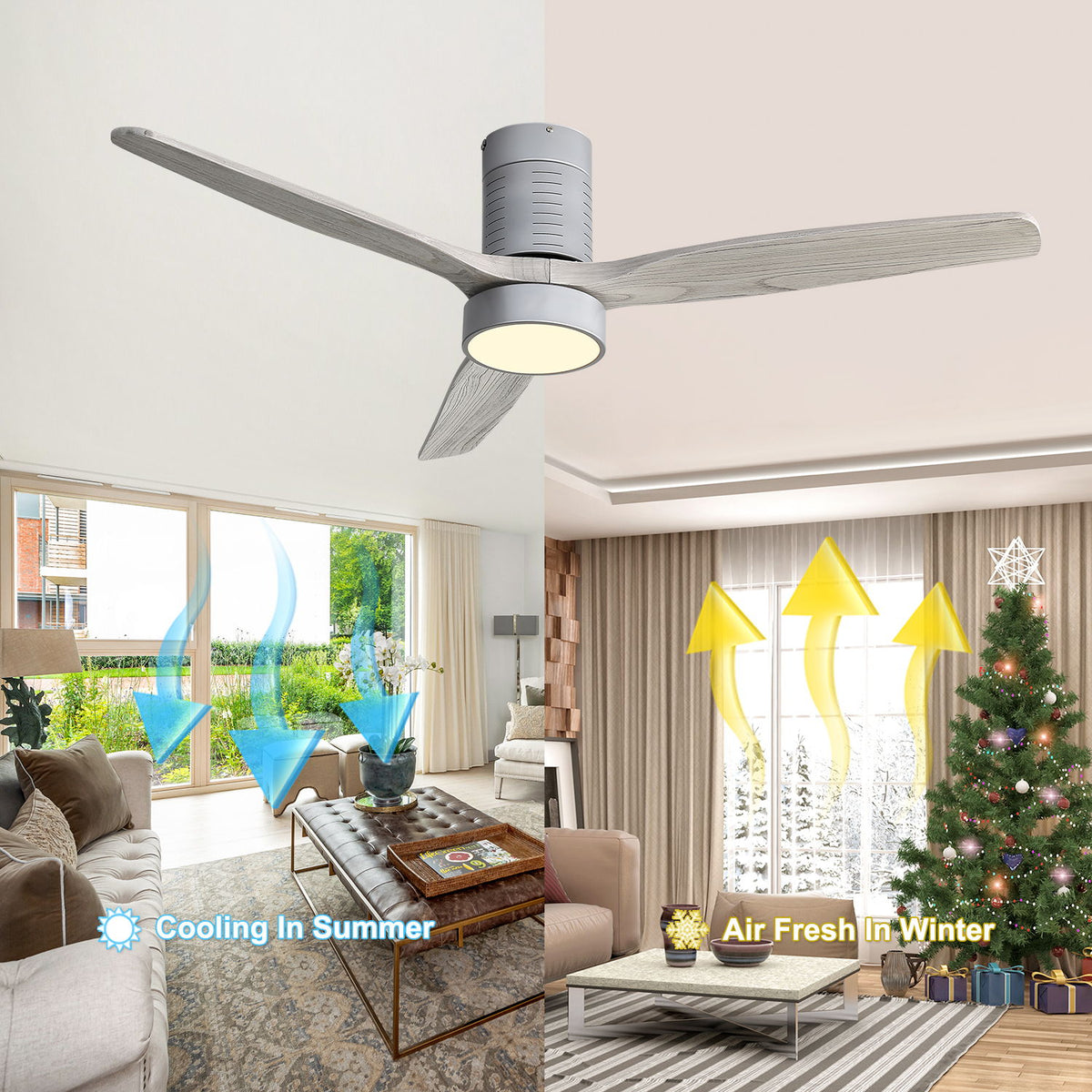 Silver 3-blade LED ceiling fan with lit frosted light disc and reversible blades