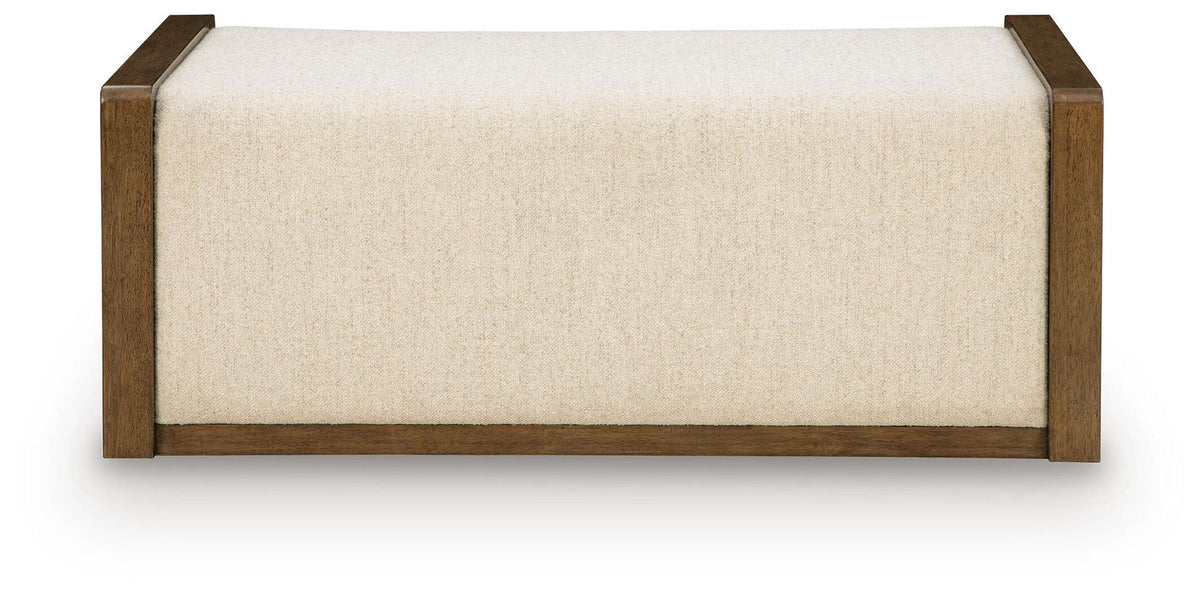 Beige upholstered storage ottoman with brown wooden base and squared edges