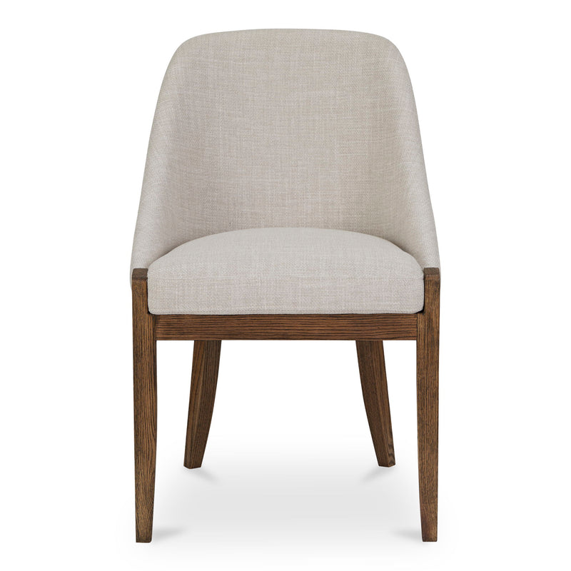 Beige heather dining chair with upholstered seat and rounded back, dark wooden legs