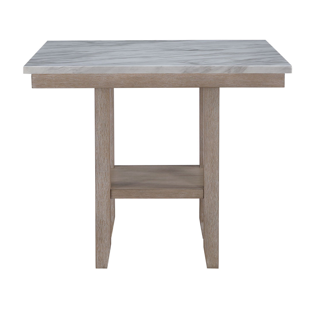 Natural wood bar table with rectangular top and open shelf underframe