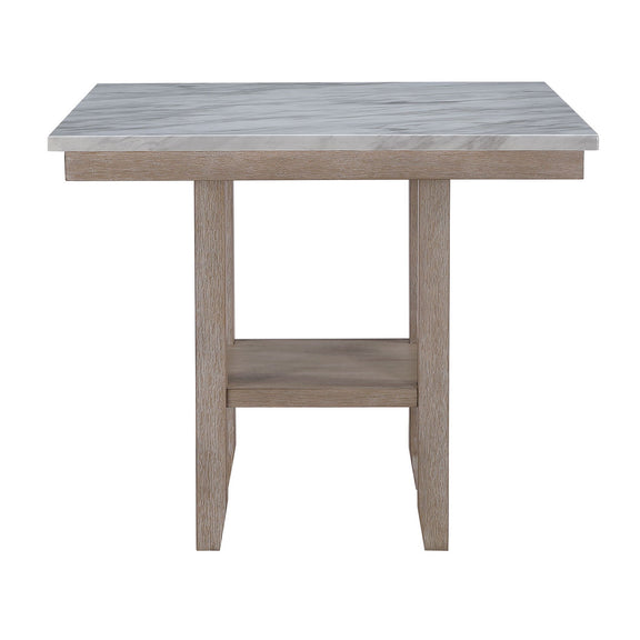 Natural wood bar table with rectangular top and open shelf underframe