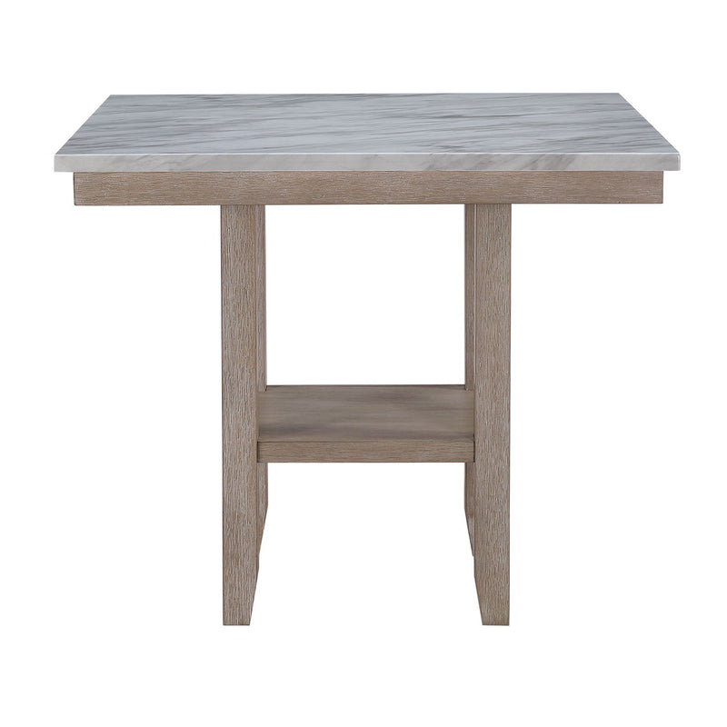 Natural wood bar table with rectangular top and open shelf underframe