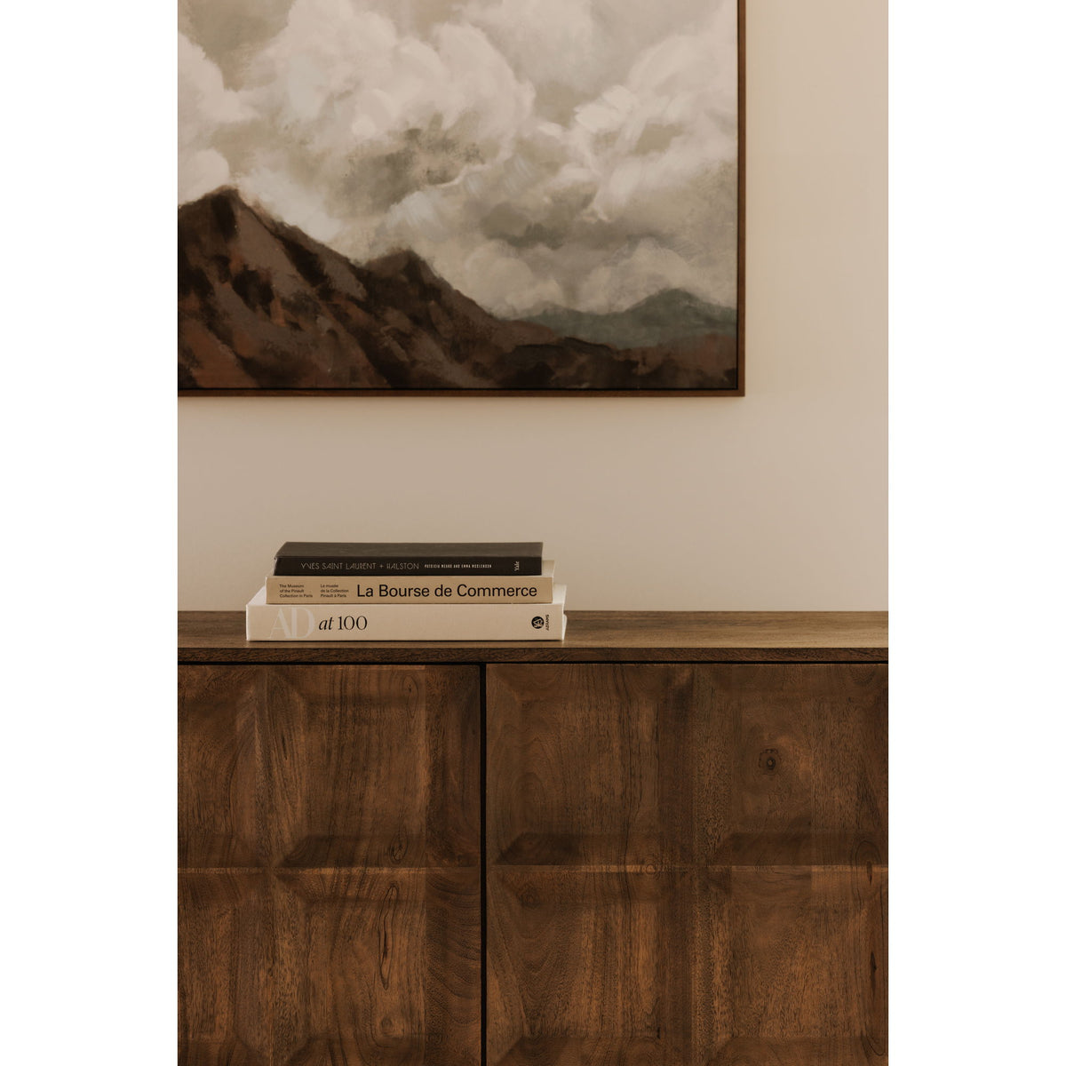 Deep brown sideboard with two recessed cabinet doors and geometric panel texture