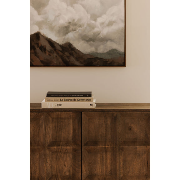 Deep brown sideboard with two recessed cabinet doors and geometric panel texture