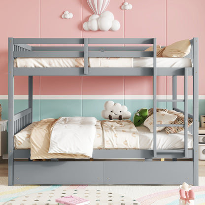 Full Over Full Rubber Wood Bunk Bed with 2 Drawers, Convertible into 2 Full Beds, Full Size Bunk Bed with Ladder and Safety Guardrails, Grey