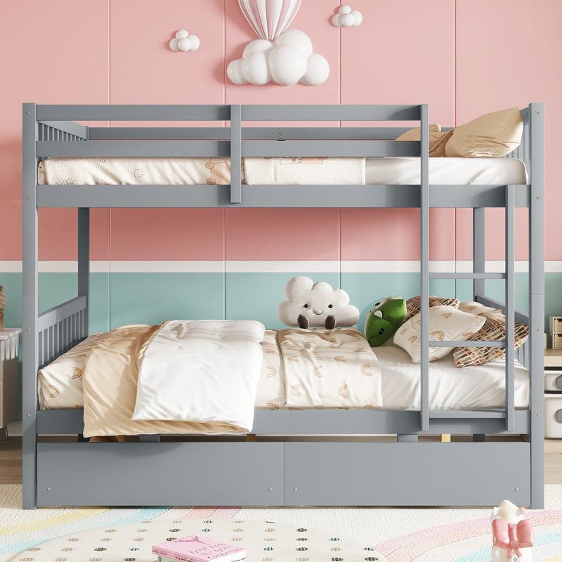 Full Over Full Rubber Wood Bunk Bed with 2 Drawers, Convertible into 2 Full Beds, Full Size Bunk Bed with Ladder and Safety Guardrails, Grey