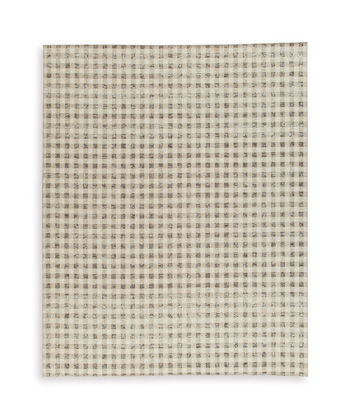 Light brown grid-woven rug with small check pattern, flat weave.