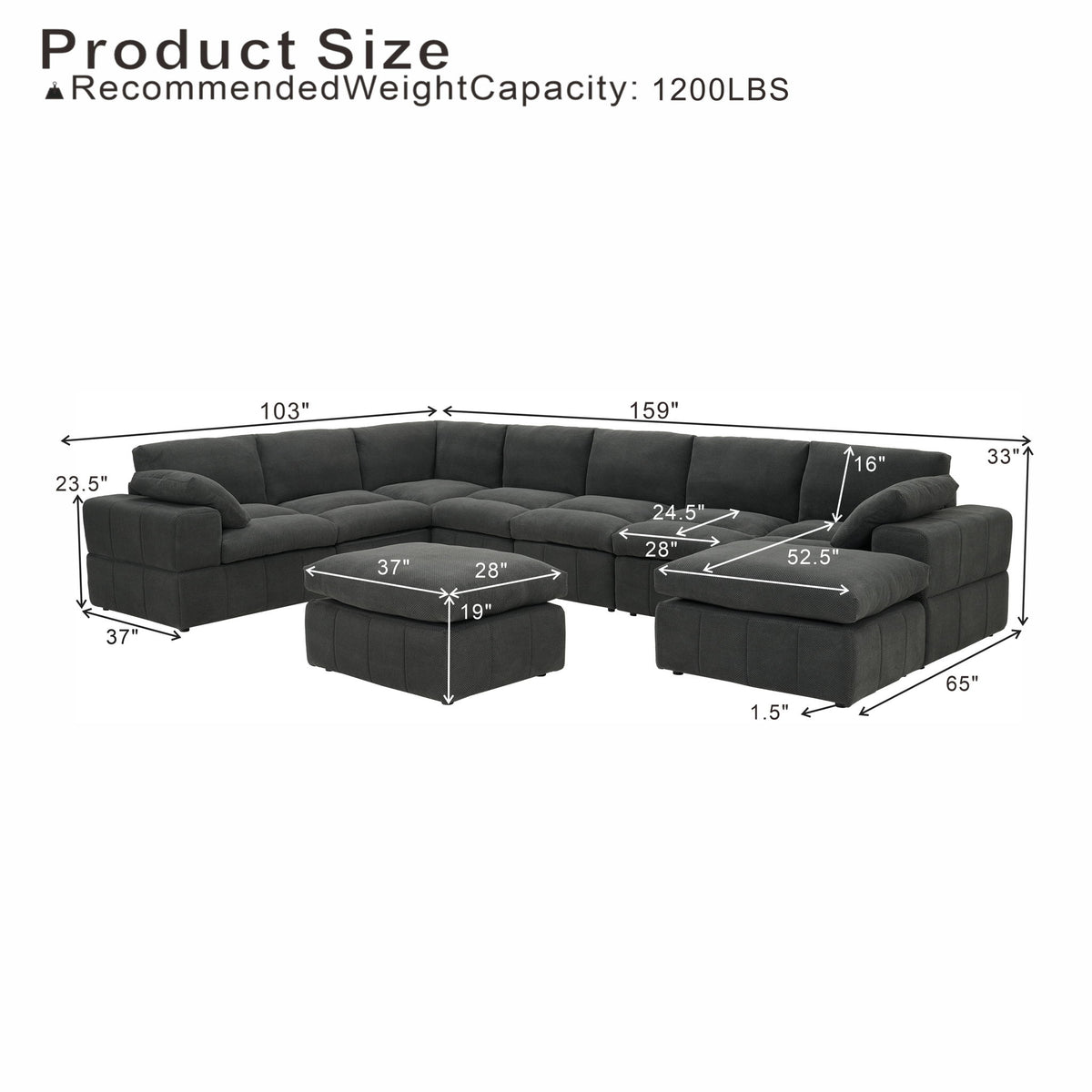 Dark gray L-shaped sectional and two ottomans with dimension markings