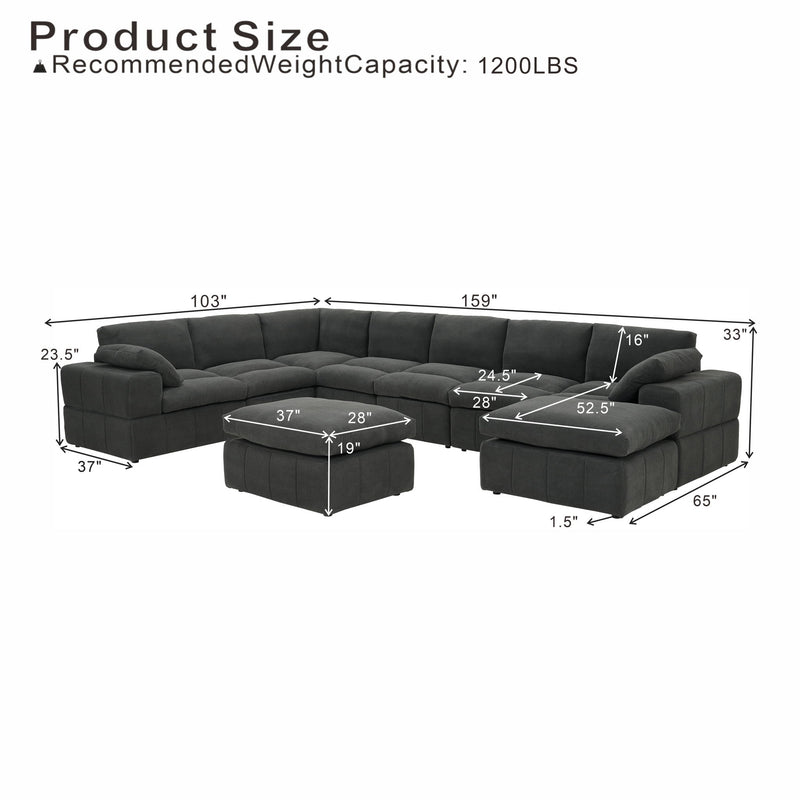 Dark gray L-shaped sectional and two ottomans with dimension markings