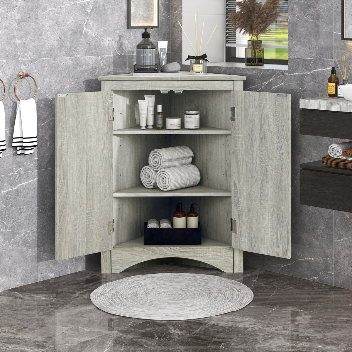 Triangle Bathroom Storage Cabinet With Adjustable Shelves, Freestanding Floor Cabinet - Oak