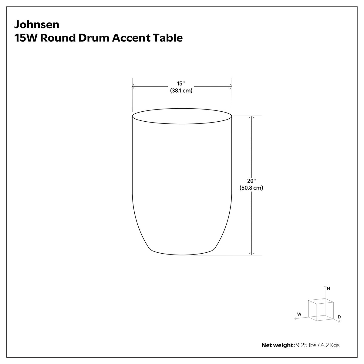 Round drum accent table size diagram with circular top and overall height details