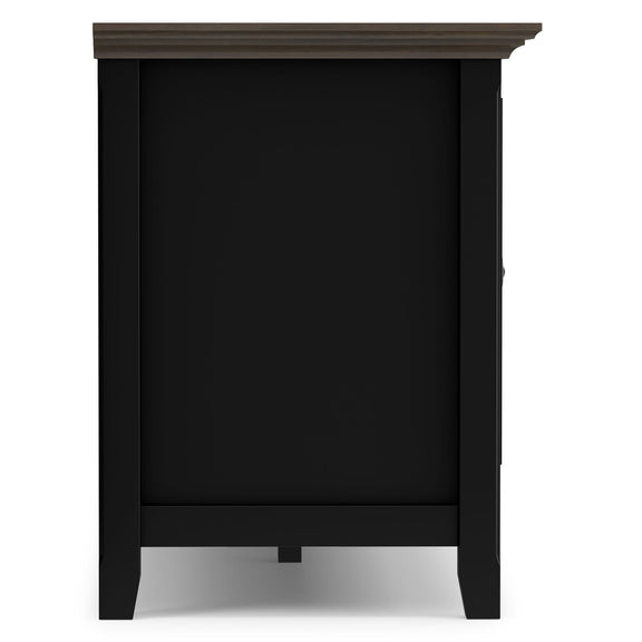 Black TV media stand side panel with open interior compartment and flat top