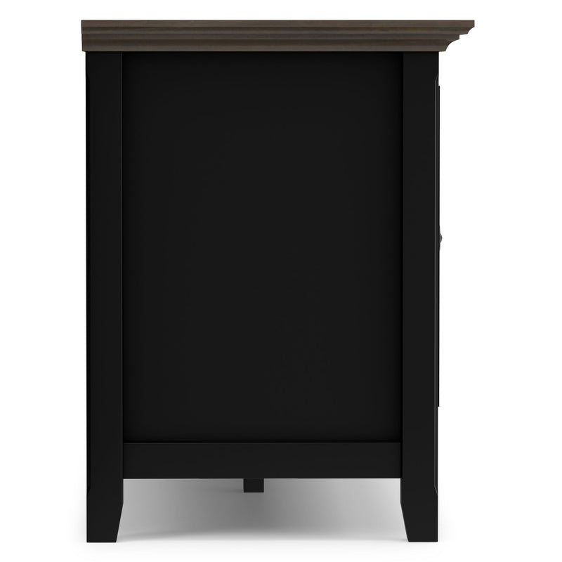 Black TV media stand side panel with open interior compartment and flat top