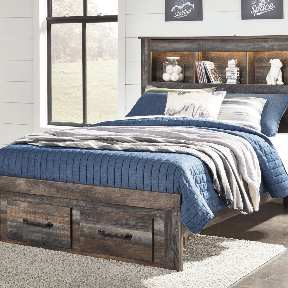 Bookcase-style panel bed with open shelves and front drawer cabinets, dark wood finish.
