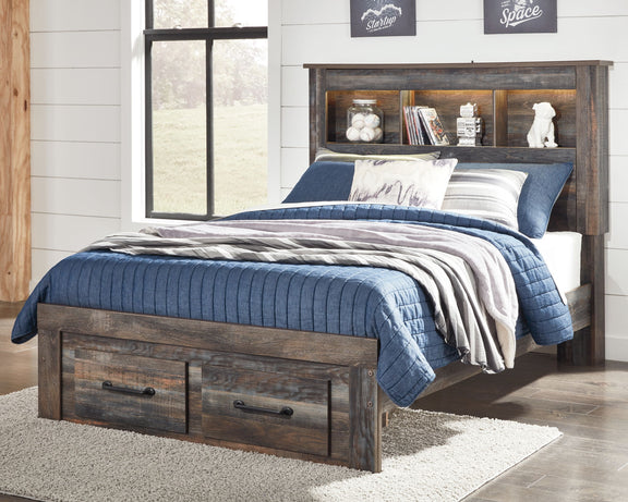 Bookcase-style panel bed with open shelves and front drawer cabinets, dark wood finish.