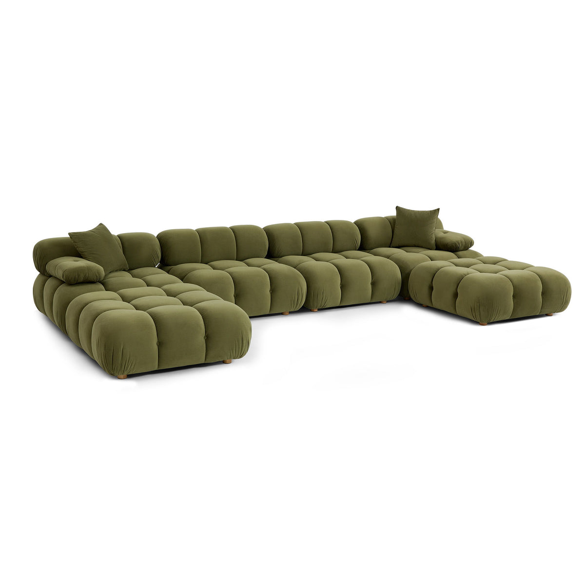 Olive green modular sectional sofa with low profile, rounded cushions, and pillow-topped backrests