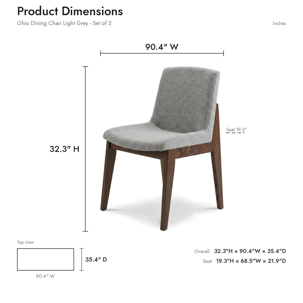 Gray upholstered dining chair with dimension lines for height and width