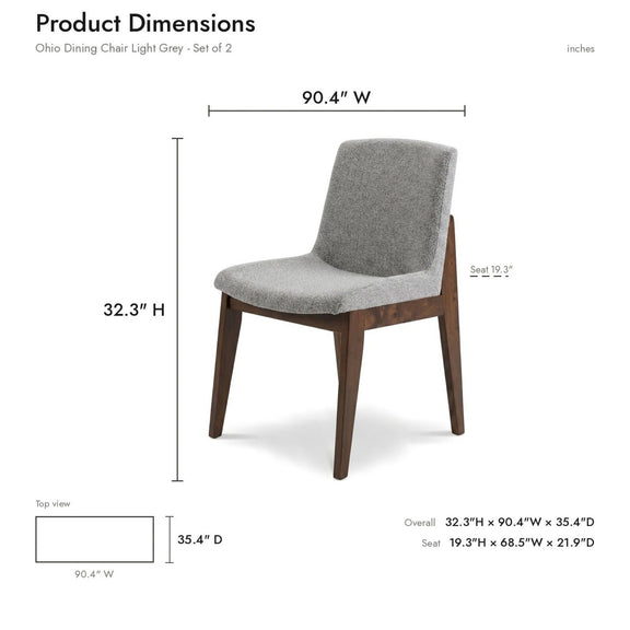 Gray upholstered dining chair with dimension lines for height and width