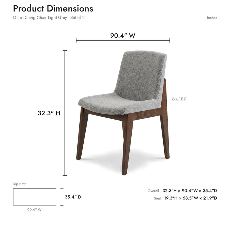 Gray upholstered dining chair with dimension lines for height and width