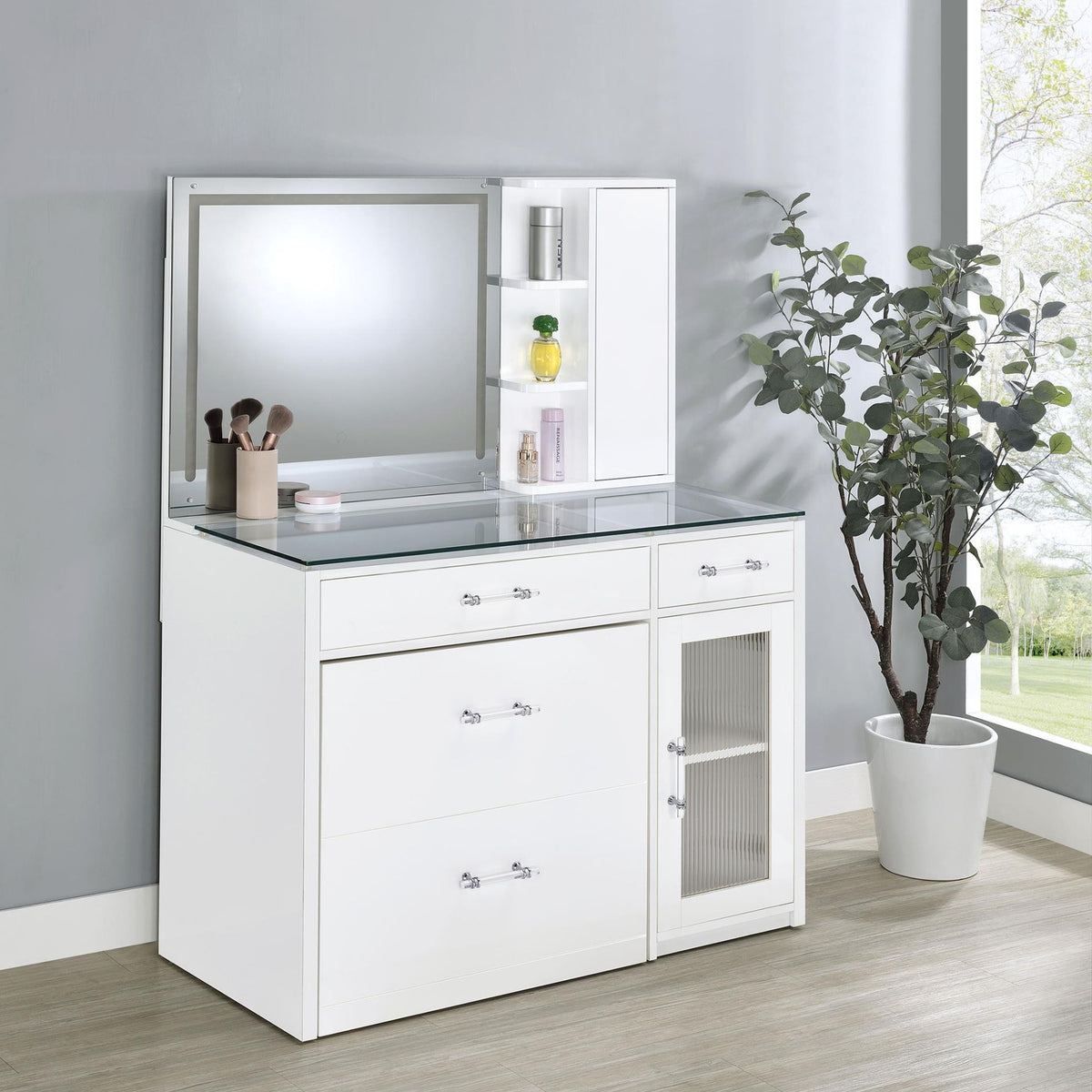 Flora 2-drawer Vanity Set with LED Mirror White High Gloss