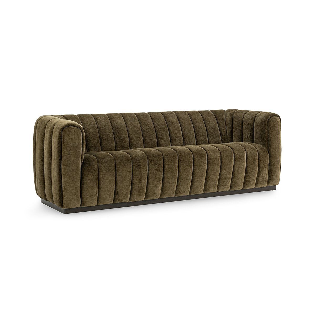 Olive-brown tufted sofa with deep cushions and rounded armrests