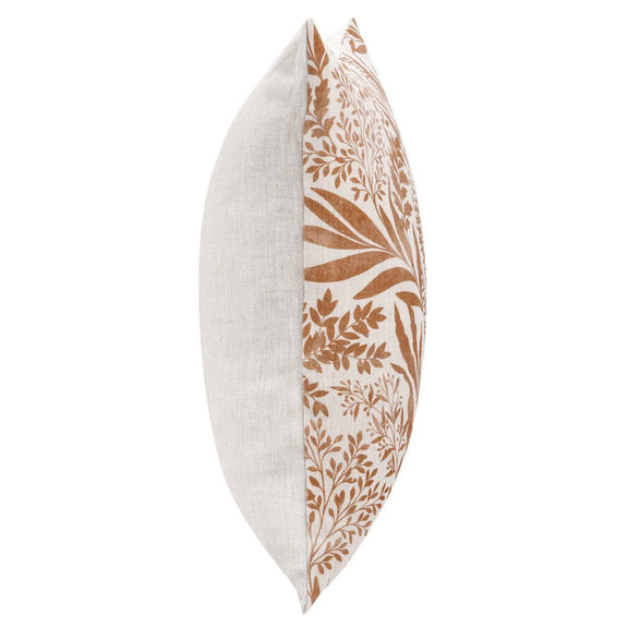 Pillow cover side view with tan and chestnut botanical leaf pattern