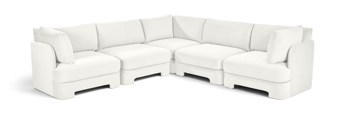White velvet corner sectional sofa with five-piece modular L-shape and cushioned arms