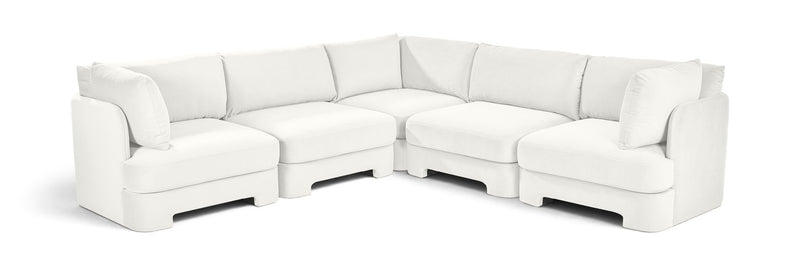 White velvet corner sectional sofa with five-piece modular L-shape and cushioned arms