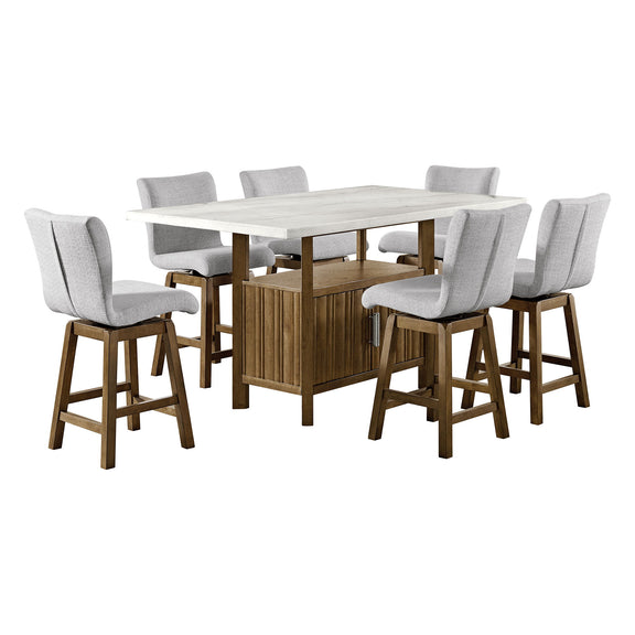 Counter-height dining set with white table and six gray upholstered stools, dark brown frame