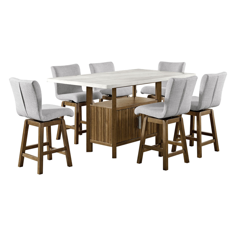 Counter-height dining set with white table and six gray upholstered stools, dark brown frame