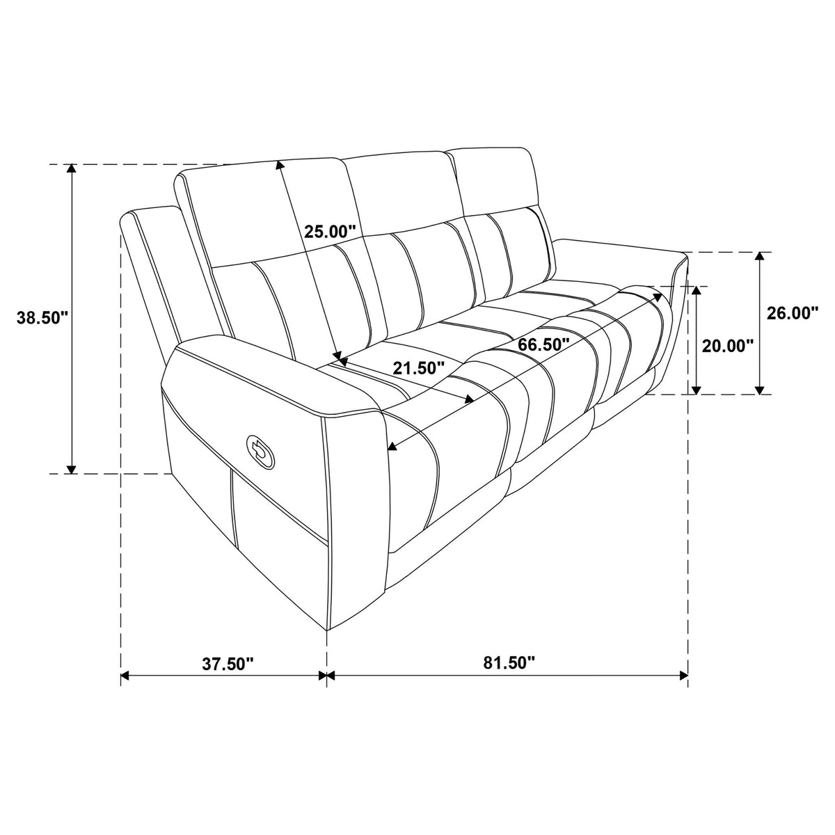 Reclining sofa dimensions diagram for manual recline, padded seat and back cushions