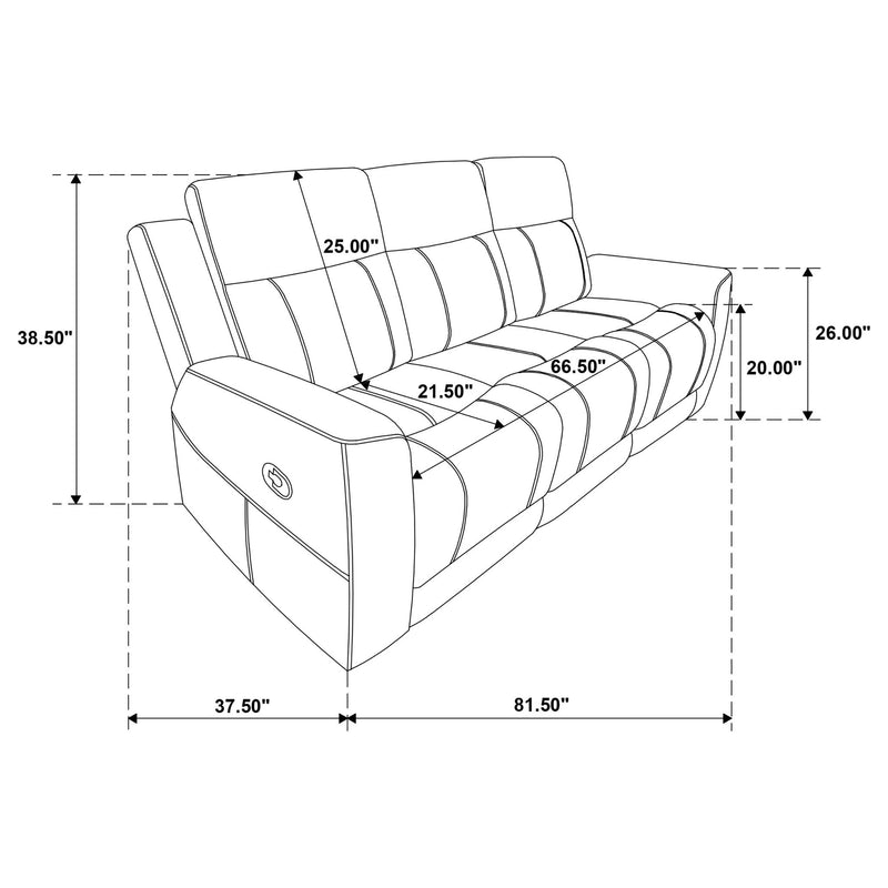 Reclining sofa dimensions diagram for manual recline, padded seat and back cushions
