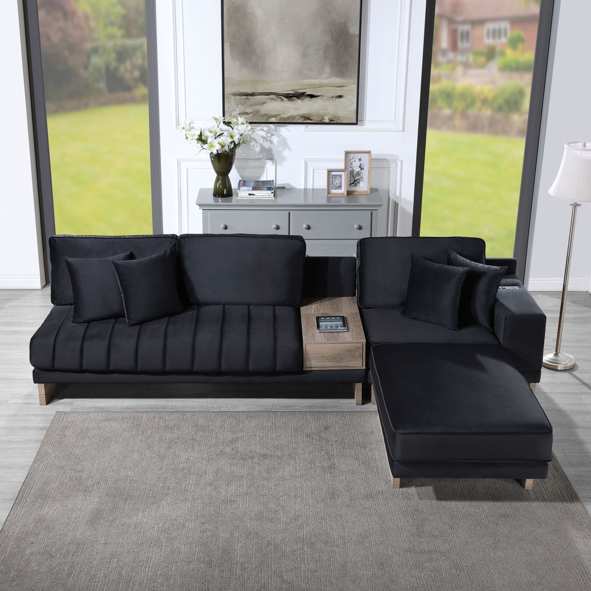Memphis - Velvet Reversible Sectional Sofa Ottoman With Storage Compartment, Drawer, USB ports, Charging Outlets