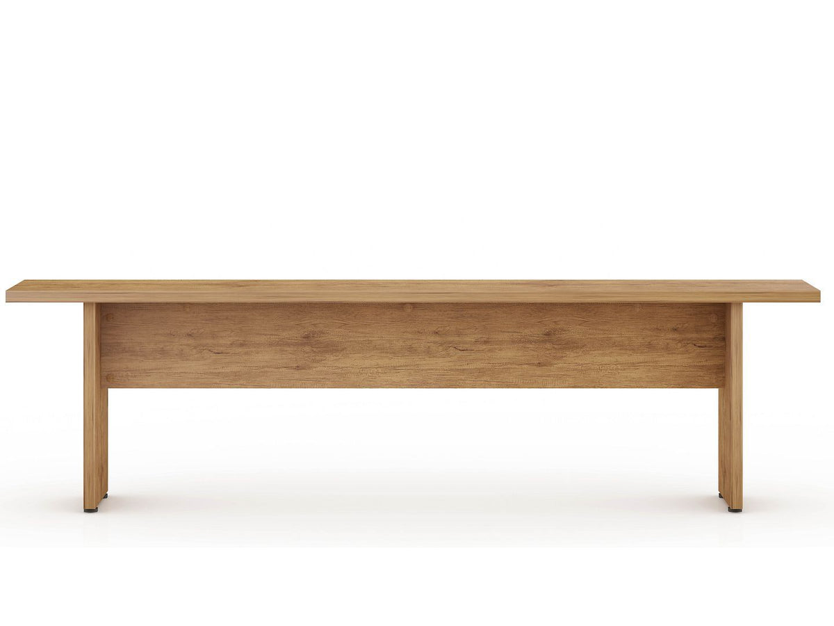 Wood dining bench with warm brown finish and four straight legs