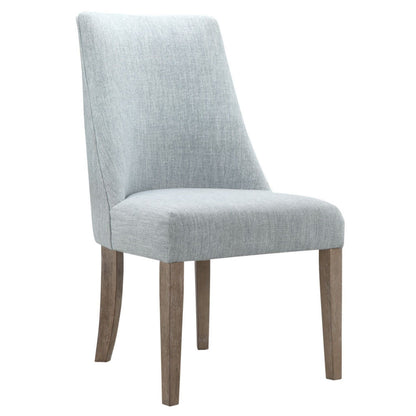 Light blue upholstered dining chair with tall back, curved arms, and wooden legs.